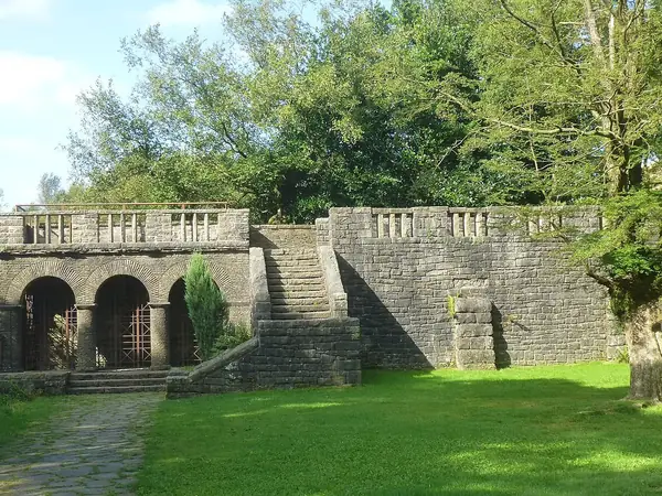 Stone loggia and steps in Rivington Terraced Gardens on the hillside above Horwich