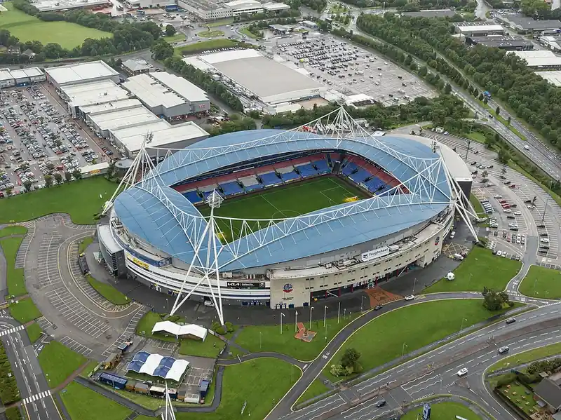 Aerial view of Middlebrook, Horwich, showing the football stadium, large retail and warehouse roofs and car parks