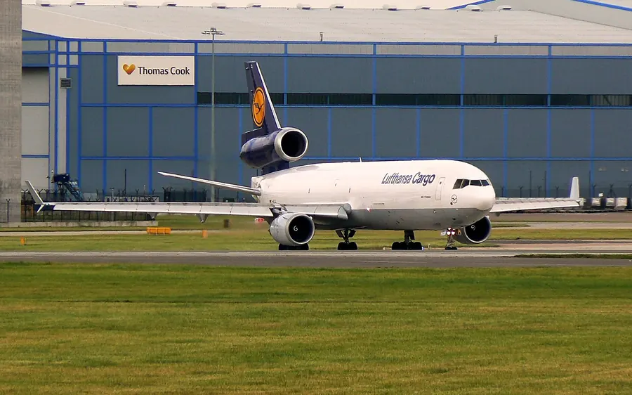 Lufthansa Cargo freighter in front of air cargo sheds at Manchester Airport, Wythenshawe